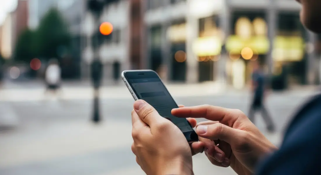 Man using smartphone on city street with blurry background of buildings establishing shot